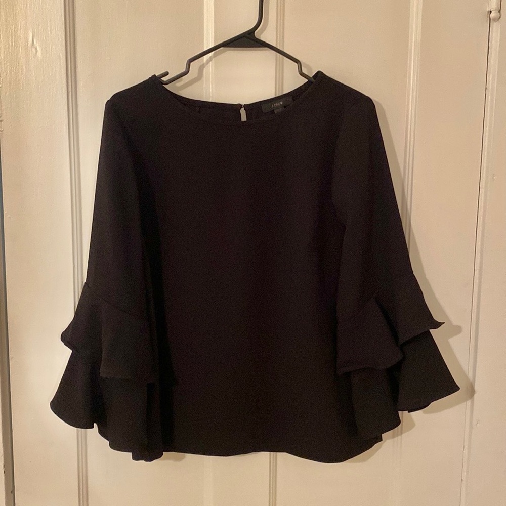 J Crew Black Ruffle Sleeve Top